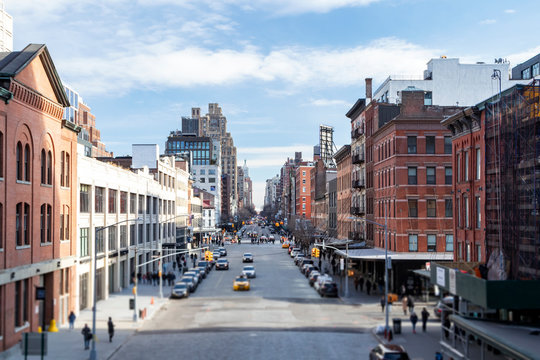 Overhead view of 14th Street scene from the Highline Park in the Chelsea neighborhood of Manhattan, New York City