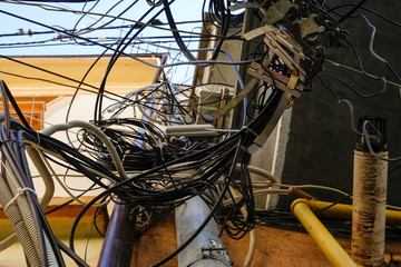 Bucharest, Romania Complicated telephone and cables on a street corner.
