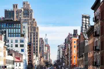 View of the historic buildings along 14th Street in the Meatpacking district of Chelsea in New York City