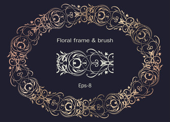Horisontal oval golden Ornament frame with brushes element and space for text. Floral ornate Wreath and brush isolated on black background. Vintage frame for Save the Date Card, Wedding invitation