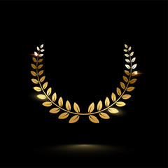 Golden shiny laurel wreath isolated on black background. Vector design element.