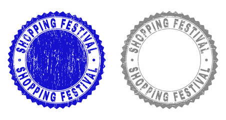 Grunge SHOPPING FESTIVAL stamp seals isolated on a white background. Rosette seals with grunge texture in blue and grey colors.