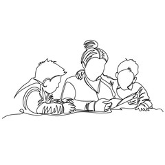 mom reads a book to her children. one line. vector continuous line