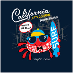 Cute crab surfer, vector print for children wear in custom colors, grunge effect in separate layer. - 249003138