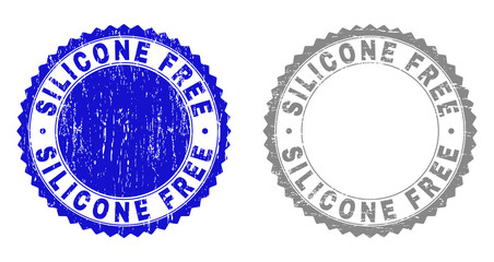 Grunge SILICONE FREE stamp seals isolated on a white background. Rosette seals with grunge texture in blue and gray colors. Vector rubber overlay of SILICONE FREE title inside round rosette.