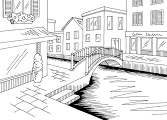 Old street river graphic black white city landscape sketch illustration vector
