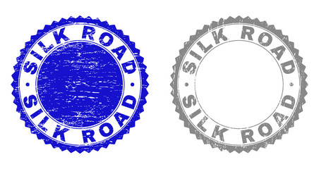 Grunge SILK ROAD stamp seals isolated on a white background. Rosette seals with grunge texture in blue and gray colors. Vector rubber watermark of SILK ROAD tag inside round rosette.