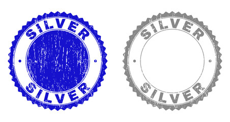 Grunge SILVER stamps isolated on a white background. Rosette seals with grunge texture in blue and gray colors. Vector rubber stamp imitation of SILVER label inside round rosette.
