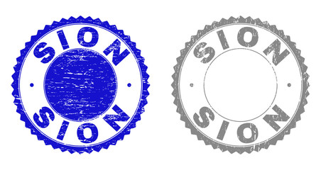 Grunge SION stamp seals isolated on a white background. Rosette seals with grunge texture in blue and grey colors. Vector rubber overlay of SION label inside round rosette.