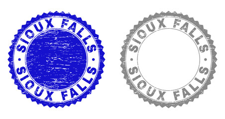 Grunge SIOUX FALLS stamp seals isolated on a white background. Rosette seals with grunge texture in blue and grey colors. Vector rubber stamp imitation of SIOUX FALLS text inside round rosette.