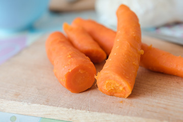 Sliced carrots into pieces. Sliced carrots on the table. Boiled carrots.