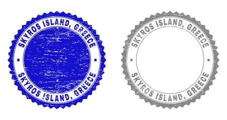 Grunge SKYROS ISLAND, GREECE stamp seals isolated on a white background. Rosette seals with grunge texture in blue and gray colors. Vector rubber stamp imprint of SKYROS ISLAND,