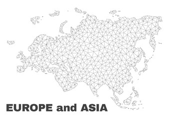 Abstract Europe and Asia map isolated on a white background. Triangular mesh model in black color of Europe and Asia map. Polygonal geographic scheme designed for political illustrations.