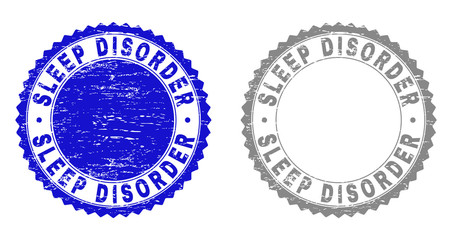 Grunge SLEEP DISORDER stamp seals isolated on a white background. Rosette seals with distress texture in blue and grey colors.