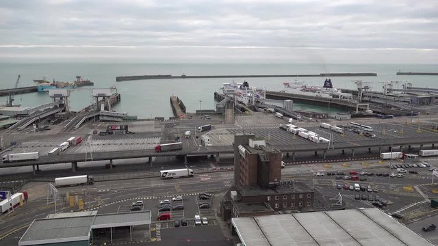 UK January 2019 - Trucks disembark from a ferry at Dover port.