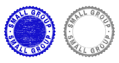 Grunge SMALL GROUP stamp seals isolated on a white background. Rosette seals with grunge texture in blue and gray colors. Vector rubber stamp imitation of SMALL GROUP tag inside round rosette.