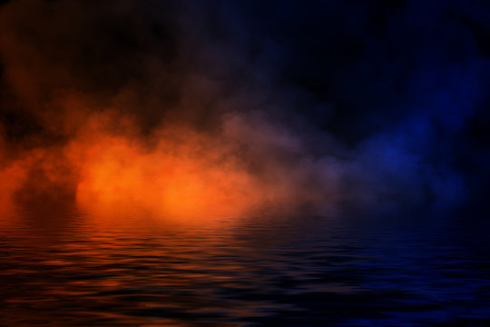 Duotone smoke . Misty fog with reflection in water. Isolated on black background.