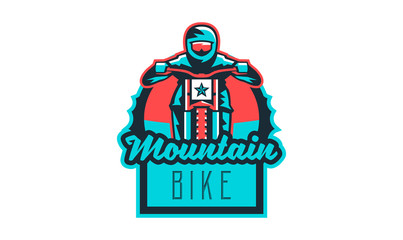 Emblem of a cyclist on a mountain bike. Sport bike logo. Sport bicycle, racer, jump, downhill, mtb, bmx, race, extreme. Vector illustration
