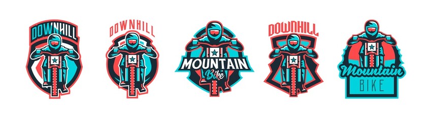 Set of emblems cyclist on a mountain bike. Sport bike logo. Sport bicycle, racer, jump, downhill, mtb, bmx, race, extreme. Colorful collection, vector illustration