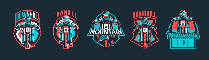 Set of emblems cyclist on a mountain bike. Sport bike logo. Sport bicycle, racer, jump, downhill, mtb, bmx, race, extreme. Colorful collection, vector illustration