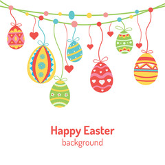 Hanging colorful ornate eggs and heart. Happy Easter background. Template greeting card.