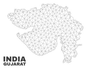 Abstract Gujarat State map isolated on a white background. Triangular mesh model in black color of Gujarat State map. Polygonal geographic scheme designed for political illustrations.