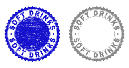 Grunge SOFT DRINKS stamp seals isolated on a white background. Rosette seals with grunge texture in blue and grey colors. Vector rubber stamp imprint of SOFT DRINKS caption inside round rosette.