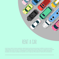 Car rent vector illustration. Choosing the best car for transportation banner, poster, brochure, flyer. Advertisement of ordering car. Different vehicles for rent. Truck, sports car.