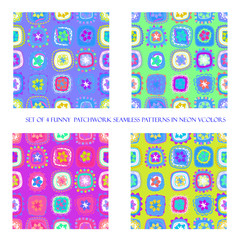 Set of 4 funny patchwork seamless patterns in neon colors