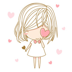 Cute little girl holding heart isolated with white background. Vector illustration, character design