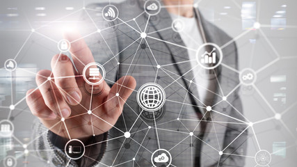 ICT - information and telecommunication technology and IOT - internet of things concepts. Diagrams with icons on server room backgrounds.