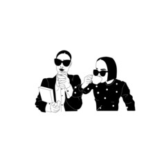 Hand drawn fashion vector illustration of a beautiful young women with sunglasses and black clothing with coffee or tea in coffee shop. Female cartoon characters isolated on white background.