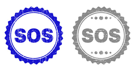 Grunge SOS stamp seals isolated on a white background. Rosette seals with grunge texture in blue and gray colors. Vector rubber stamp imitation of SOS tag inside round rosette.