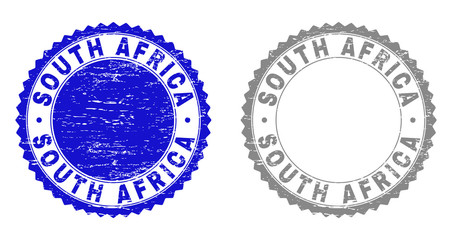 Obraz premium Grunge SOUTH AFRICA stamp seals isolated on a white background. Rosette seals with distress texture in blue and gray colors. Vector rubber stamp imprint of SOUTH AFRICA title inside round rosette.