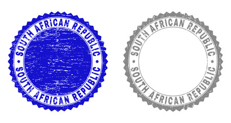Grunge SOUTH AFRICAN REPUBLIC stamp seals isolated on a white background. Rosette seals with grunge texture in blue and grey colors.