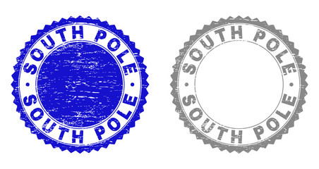 Grunge SOUTH POLE stamp seals isolated on a white background. Rosette seals with grunge texture in blue and grey colors. Vector rubber overlay of SOUTH POLE title inside round rosette.