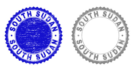 Grunge SOUTH SUDAN stamp seals isolated on a white background. Rosette seals with grunge texture in blue and grey colors. Vector rubber stamp imitation of SOUTH SUDAN text inside round rosette.