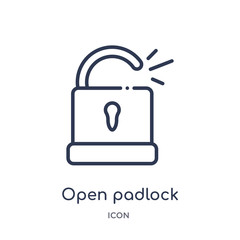 open padlock icon from startup stategy and success outline collection. Thin line open padlock icon isolated on white background.