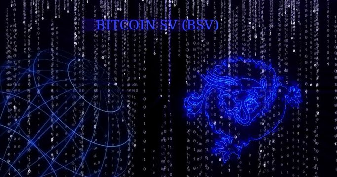 Glowing Bitcoin SV (BSV) symbol against the falling binary code symbols