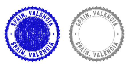 Grunge SPAIN, VALENCIA stamp seals isolated on a white background. Rosette seals with grunge texture in blue and gray colors. Vector rubber stamp imitation of SPAIN,