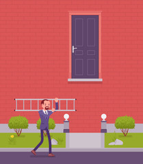 Goal hard to reach and solution. Businessman got an answer, found a ladder to open the door, able to take decision, solving problem or dealing with a difficult business situation. Vector illustration