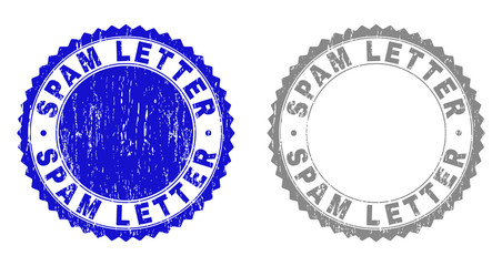 Grunge SPAM LETTER stamp seals isolated on a white background. Rosette seals with grunge texture in blue and gray colors. Vector rubber stamp imitation of SPAM LETTER text inside round rosette.