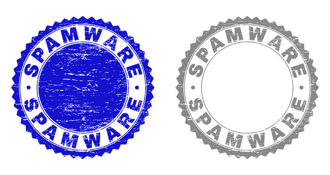 Grunge SPAMWARE stamps isolated on a white background. Rosette seals with grunge texture in blue and gray colors. Vector rubber stamp imprint of SPAMWARE title inside round rosette.