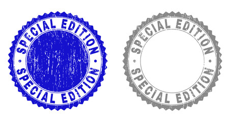 Grunge SPECIAL EDITION stamp seals isolated on a white background. Rosette seals with grunge texture in blue and grey colors. Vector rubber stamp imprint of SPECIAL EDITION title inside round rosette.