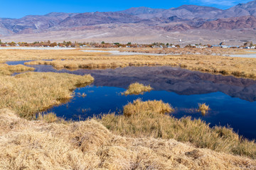 Mountains reflected in a marsh at Owens Lake near Keeler, California, USA