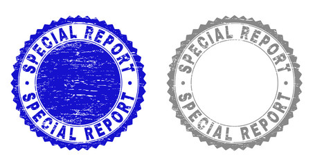Grunge SPECIAL REPORT stamp seals isolated on a white background. Rosette seals with grunge texture in blue and grey colors. Vector rubber stamp imitation of SPECIAL REPORT tag inside round rosette.