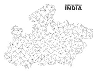 Abstract Madhya Pradesh State map isolated on a white background. Triangular mesh model in black color of Madhya Pradesh State map. Polygonal geographic scheme designed for political illustrations.