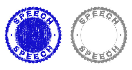 Grunge SPEECH stamp seals isolated on a white background. Rosette seals with grunge texture in blue and grey colors. Vector rubber stamp imitation of SPEECH label inside round rosette.