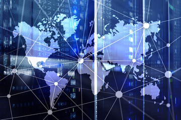 World map with communication network on server room background