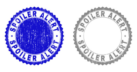 Grunge SPOILER ALERT stamp seals isolated on a white background. Rosette seals with grunge texture in blue and grey colors. Vector rubber stamp imprint of SPOILER ALERT label inside round rosette.